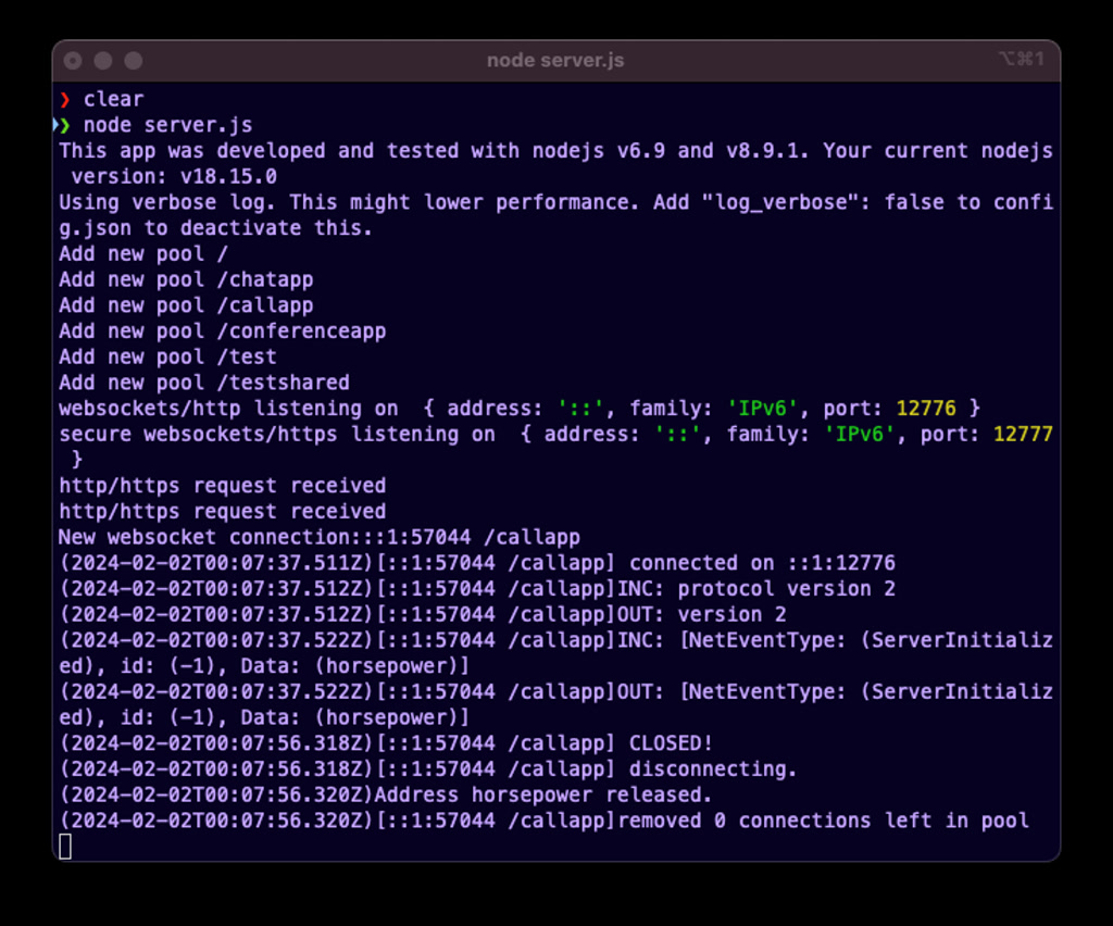 This is a screenshot of a terminal or command line interface with a dark background and text in various colors including white, green, and purple. The text within the terminal indicates that a node.js server script is being run, with output messages related to the application's status and activities. It shows several 'Add new pool' messages, and logs of HTTP/HTTPS requests and WebSocket connections. The script also outputs warnings pertaining to the node.js version in use, as well as information about listening on specific IPv6 addresses and ports.