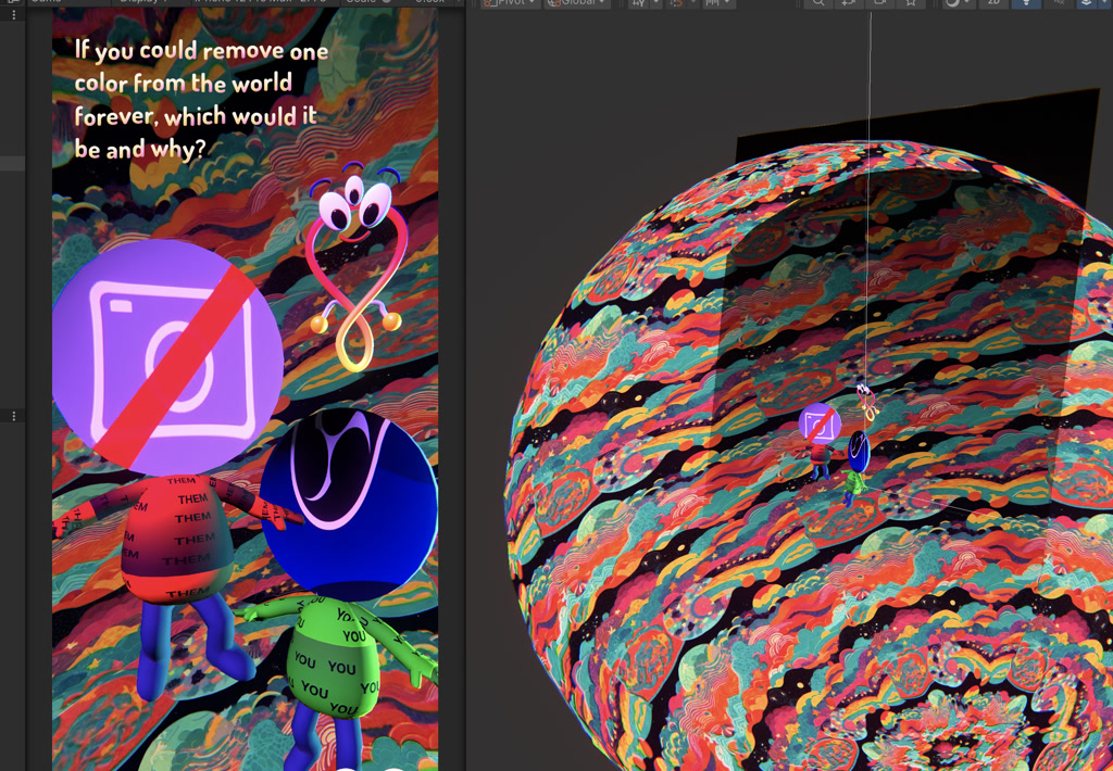 A vividly colorful, psychedelic backdrop with swirling patterns and rich hues displaying a mixture of red, blue, yellow, and green in a fluid, marbled design. Overlaying this backdrop are three surreal characters with humanoid bodies and abstract, cartoonish heads, each one prominently featuring a speech bubble. The character on the left has a blue head with a 'no' symbol and a speech bubble saying 'THEM' repeatedly. The middle character has a green head and a speech bubble filled with many instances of 'YOU'. The figure on the right, partially obscured, has a red head with a white, enveloping shape and is also holding a speech bubble, but its text is not fully visible. A speech bubble above the central figures is occupied by what looks like a cartoonish creature with a surprised expression, featuring eyes on stalks and a long, curled mouth, but no discernible text inside. Above the scene, a cubical frame with a circular cut-out displays a segment of the intricate pattern, split down the middle suggesting image manipulation or editing work.