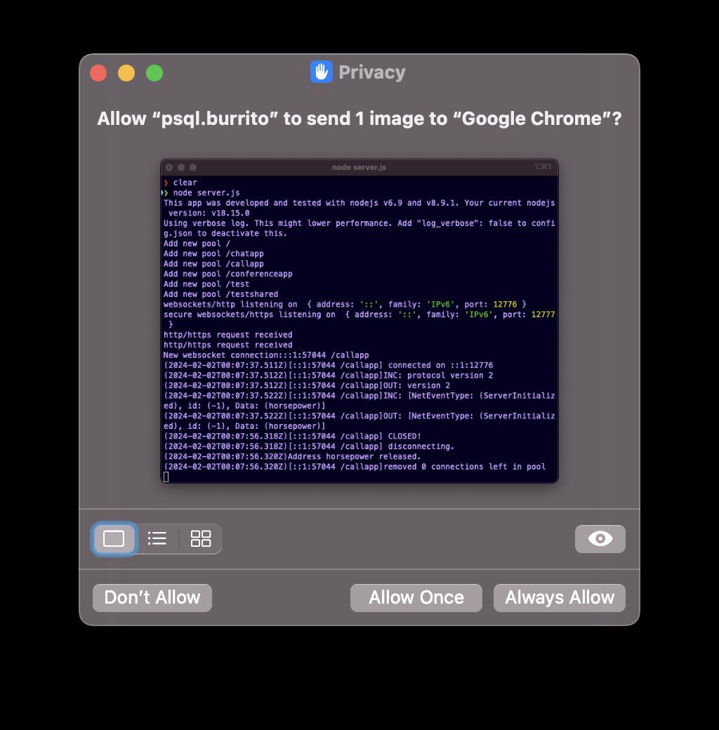 The interface shows a privacy-related notification prompt on a computer screen, with a dark mode terminal window in the background. The prompt is asking for permission to allow 'psql.burrito' to send 1 image to 'Google Chrome'. There are three options for response: 'Don't Allow', 'Allow Once', and 'Always Allow', with the 'Allow Once' button highlighted. The terminal window displays logs of a running Node.js server process, indicating various server activities such as adding new pools, receiving HTTPS requests, and WebSocket messages. There is text suggesting the Node.js version in use might lead to lower performance, with a recommendation to modify a configuration file.