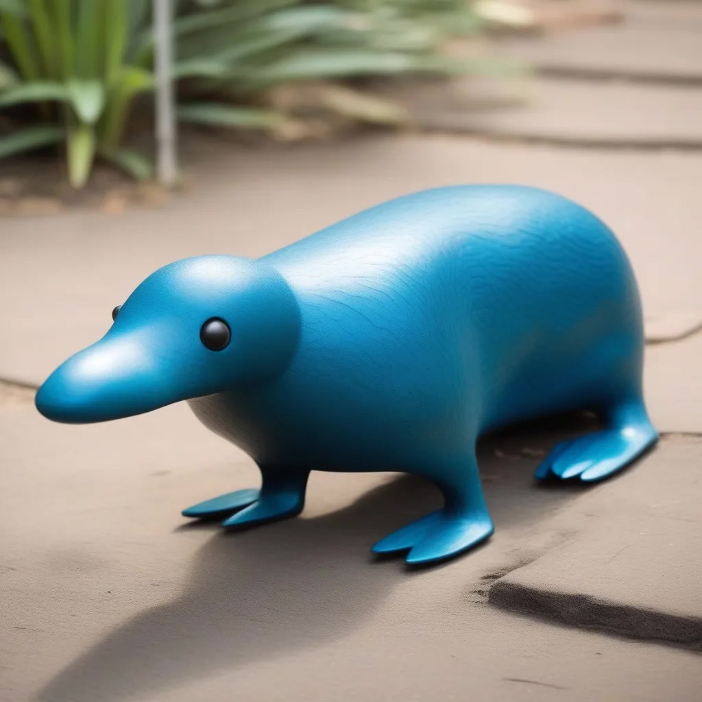A stylized figurine resembling a platypus with a sleek and minimalist design. The object has a gradient blue color, starting with a darker blue at the tail and transitioning to a lighter blue towards the head. It has smooth, rounded contours with a simplified face that includes two small, black eyes and no other distinguishable features. Its legs and webbed feet are also simple in design, without intricate details. The figurine is placed on a paved surface with a plant in the background.